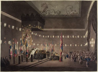 Überreste von Lord Viscount Nelson, aufgebahrt in der Painted Chamber im Greenwich Hospital, graviert von M. Merigot, 1806